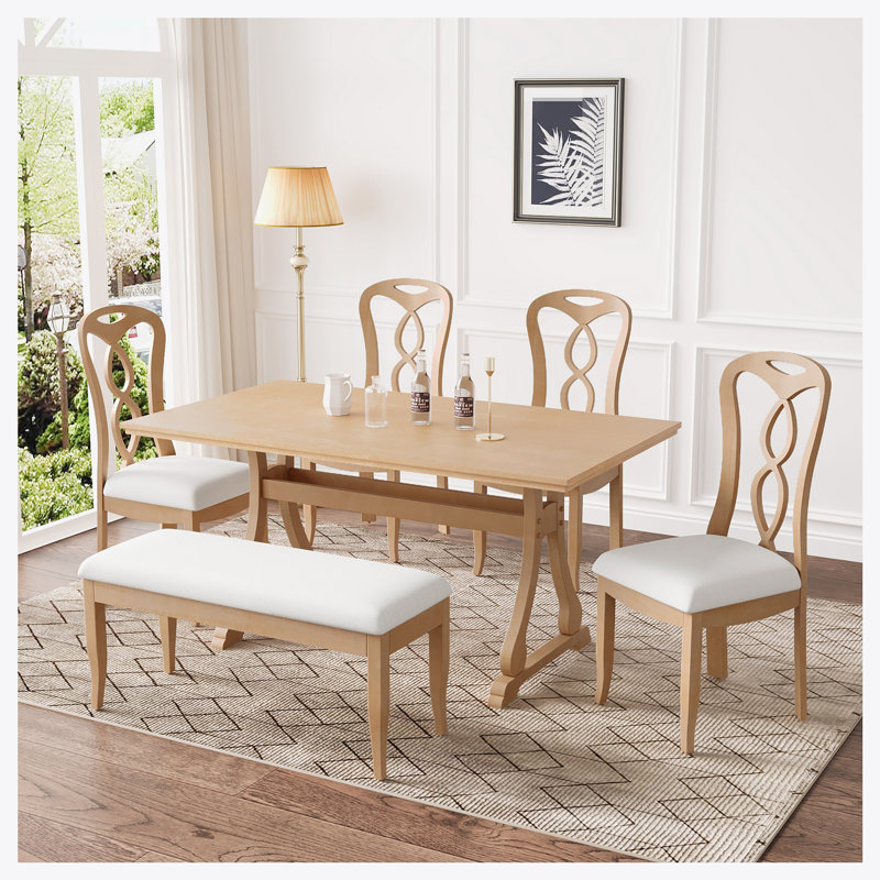 Retro 6 Piece Trestle Dining Table Set with Upholstered Dining Chairs Red Barrel Studio Color Brown Chair Color Beige Natural